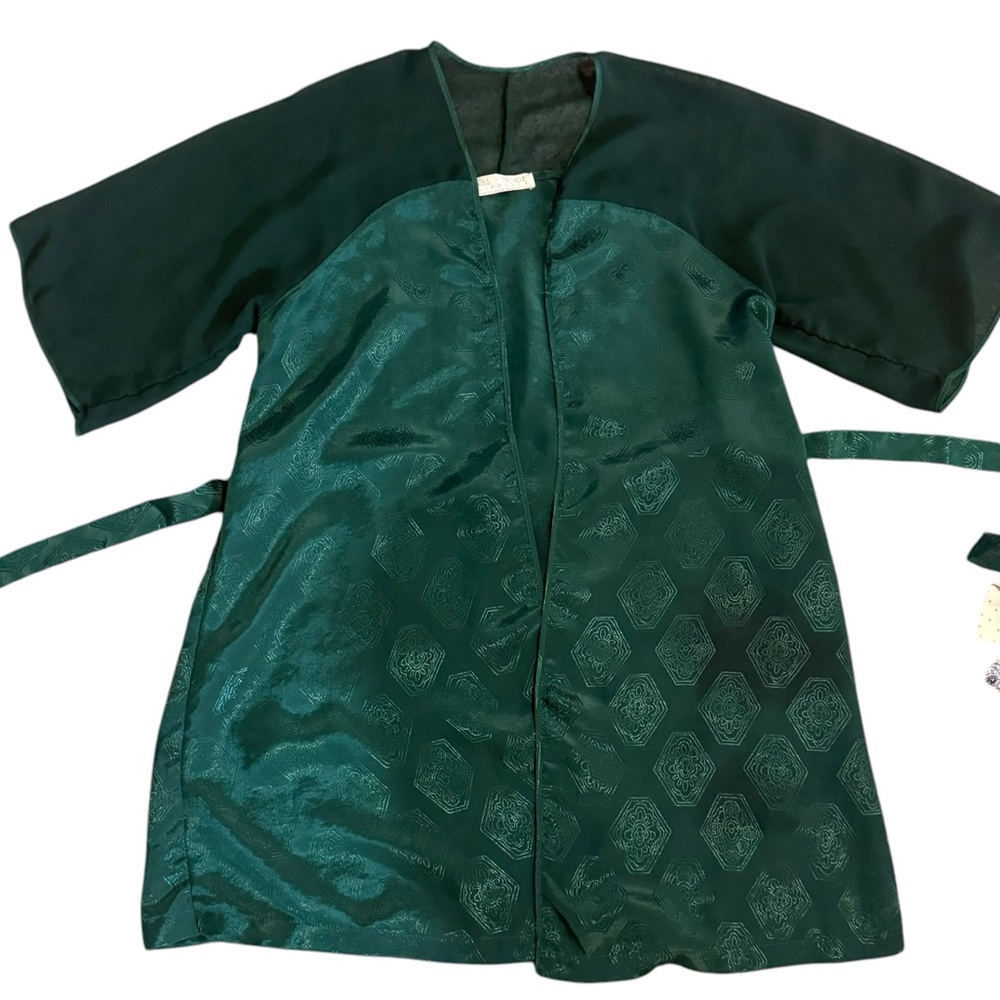 Vintage Val Mode Lingerie Kelly Green Floral Lace Robe Dress Set Womens Size S - Picture 8 of 15
